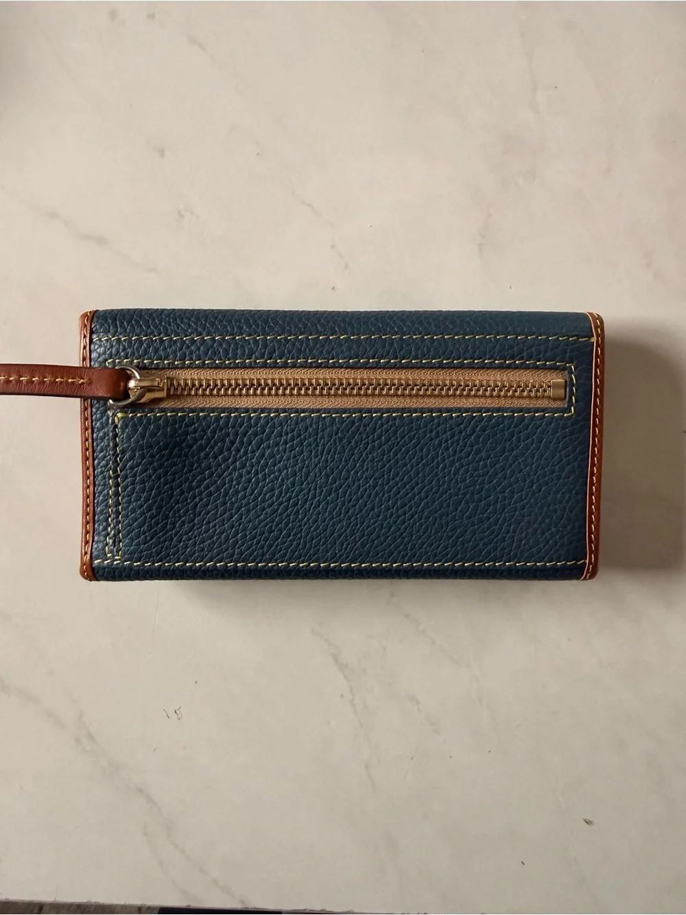 Dooney & Bourke Navy Pebbled Leather Wallet with Brown Trim - Picture 2 of 4